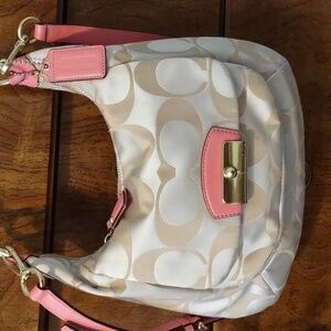 COACH Large Hobo Tan Jacquard 2 Pink Leather straps Gold hardware Purse Handbag